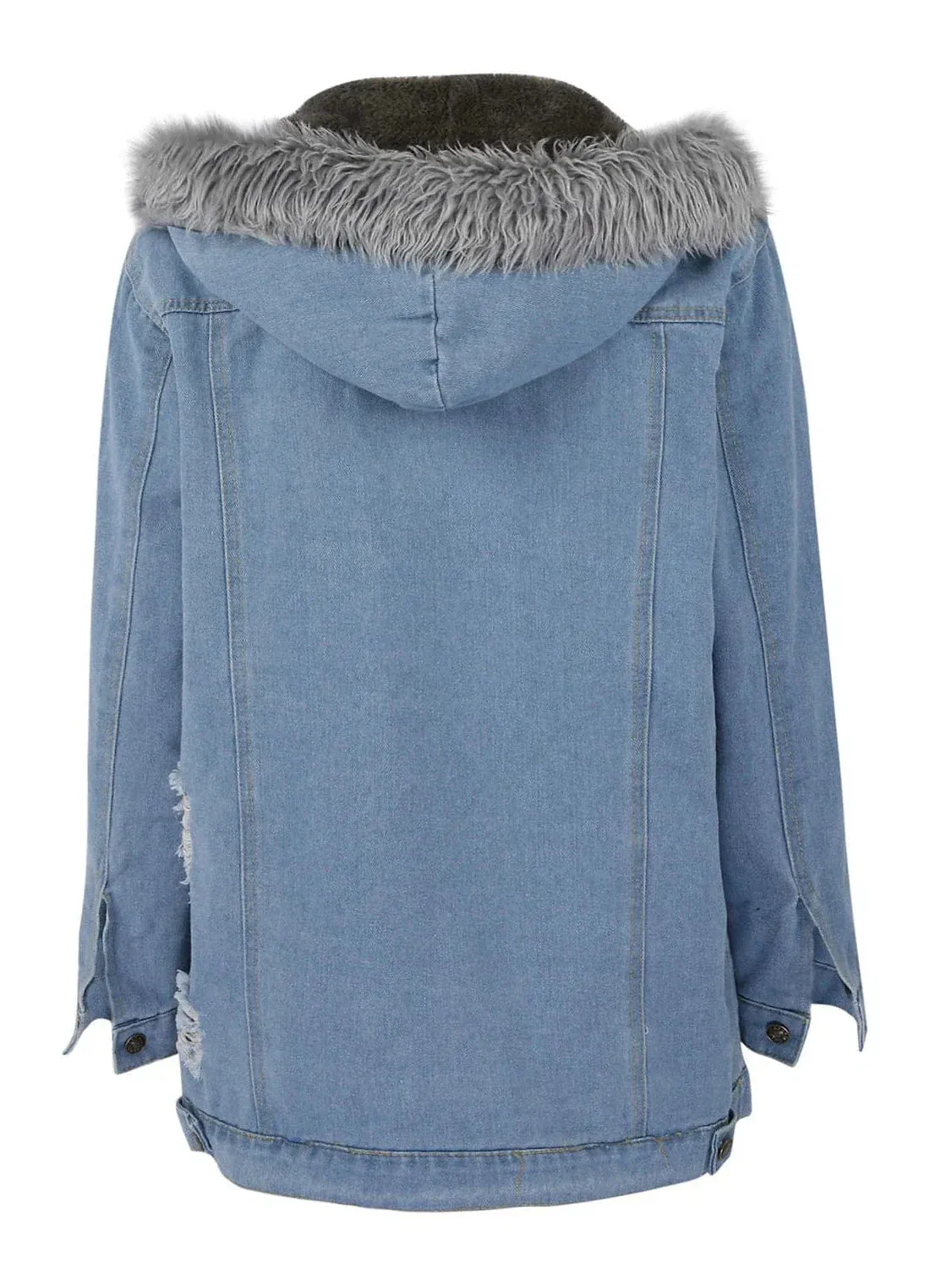 Women's Denim Jacket with Detachable Hood and Faux Fur Trim