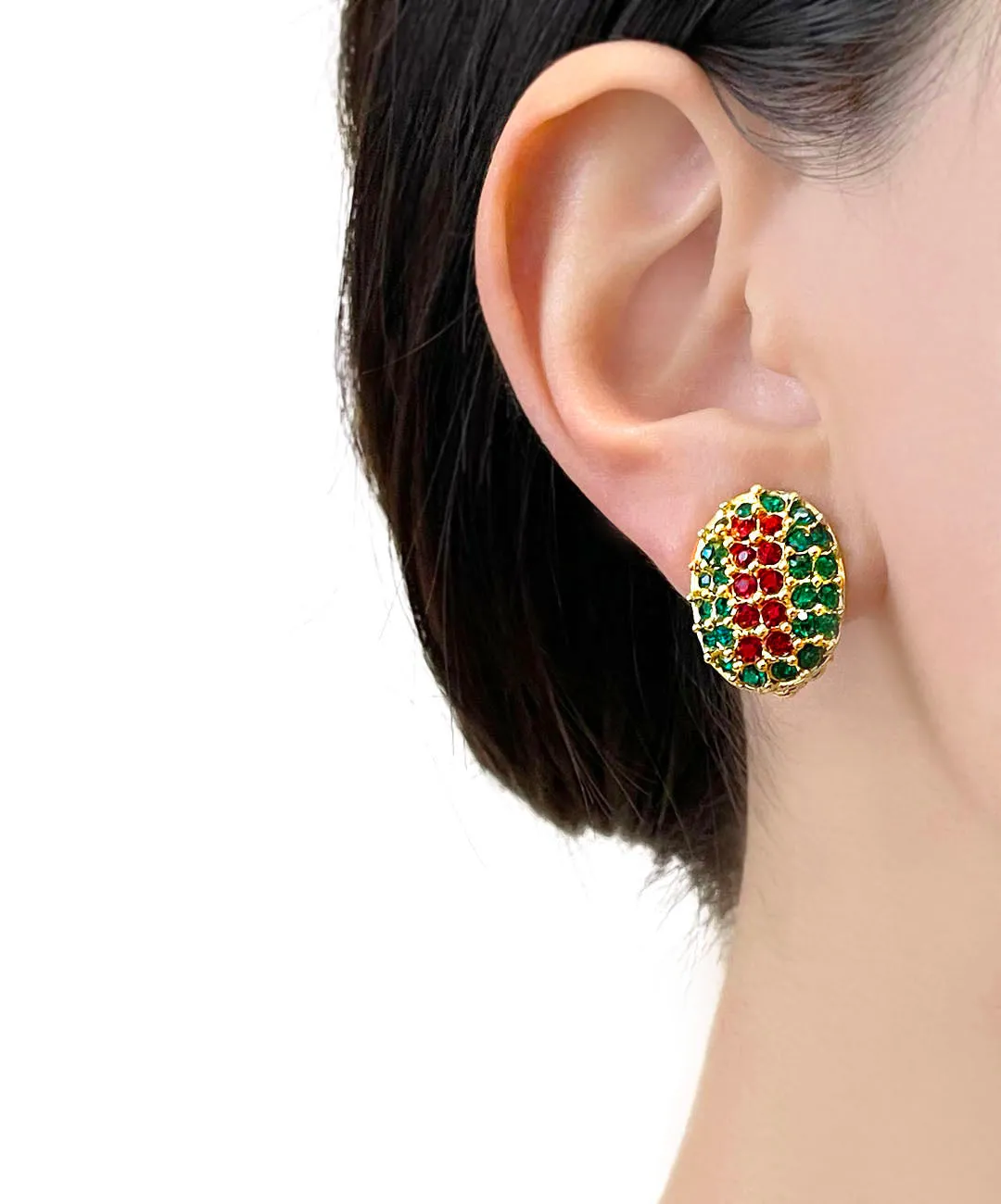 【フランス輸入】ヴィンテージ SPHINX レッド グリーン パヴェ イヤリング/Vintage SPHINX Red Green Pave Clip On Earrings